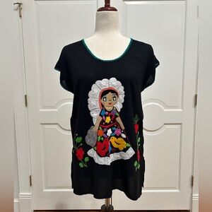 Mexican MulticolorJalapa Mexican Blouse 100% Hand Embroidered made in Oaxaca.